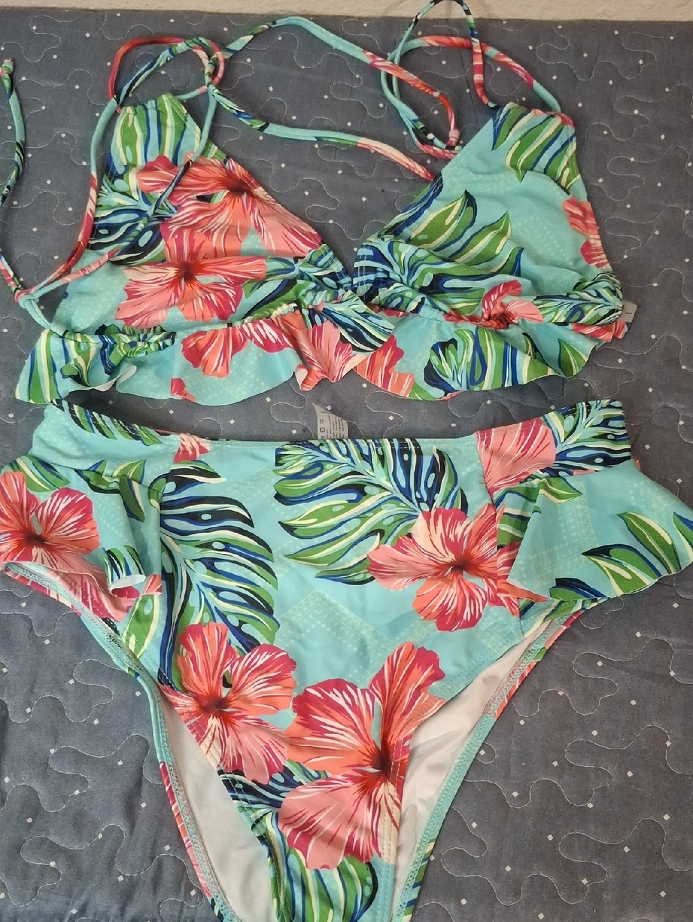 Tropical Floral Two-Piece Bikini - Aqua with Coral Hibiscus size large